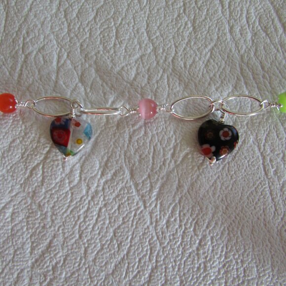 Sterling Silver Glass Beads and Heart Charms Bracelet - NEW - Picture 5 of 10